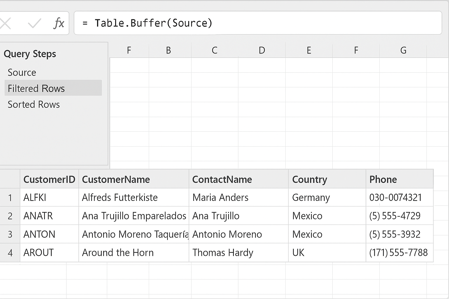 Power Query Editor showing a query step with Table.Buffer applied to a data table