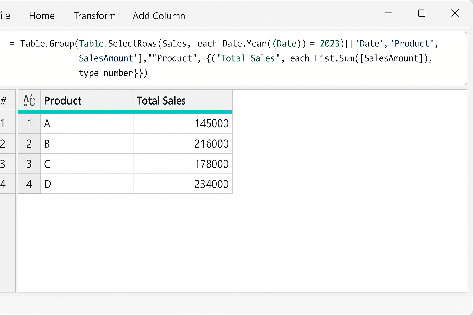 Power Query Editor showing optimized query filtering 2023 sales and grouping total sales by product