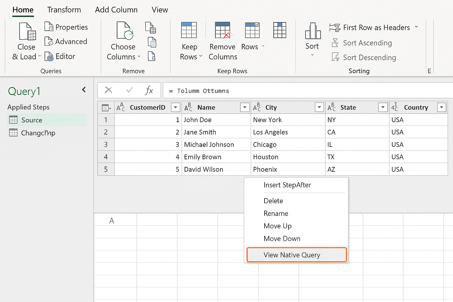 Power Query Editor context menu with 'View Native Query' option visible after right-clicking a step