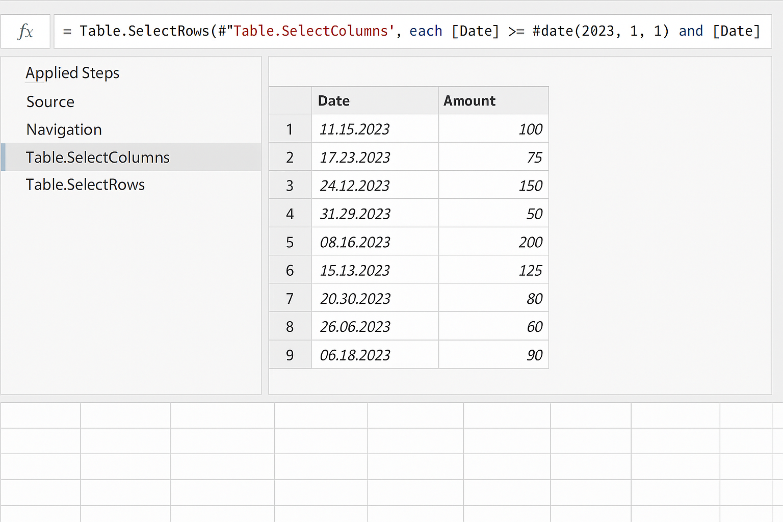 Power Query Editor showing early column selection and row filtering steps