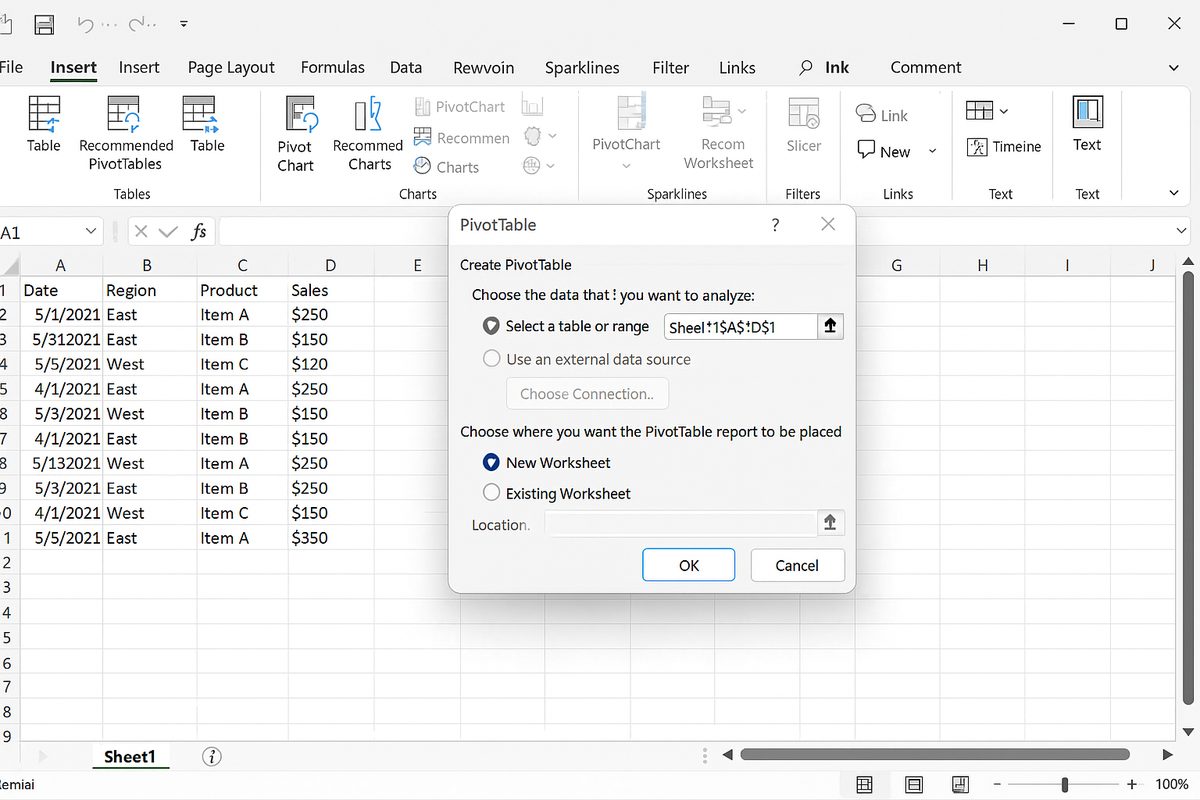 Excel Insert tab with PivotTable dialog box open showing data range and location options