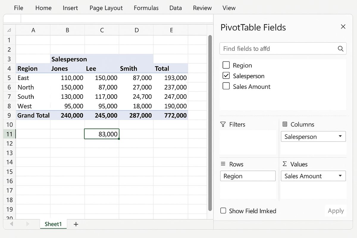 PivotTable Fields pane with fields dragged into Rows, Columns, Values, and Filters areas