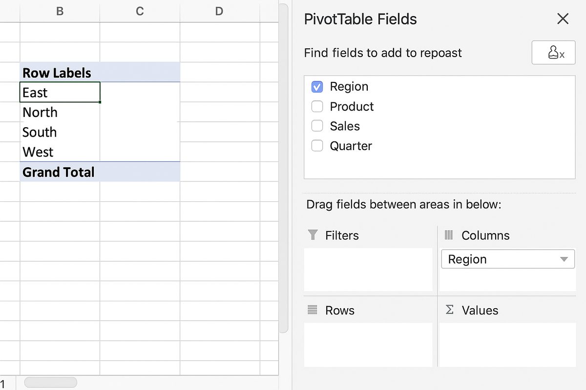 PivotTable Fields pane showing Region field placed in Rows area