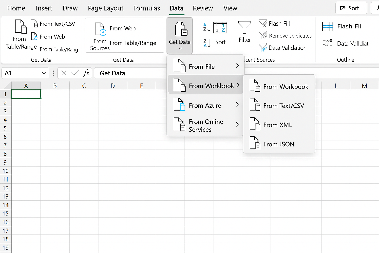 Excel Data tab showing the Get Data menu expanded with From File and From Workbook options highlighted