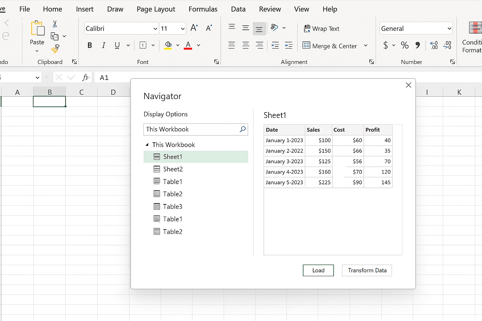 Power Query Navigator window displaying available worksheets and tables for selection