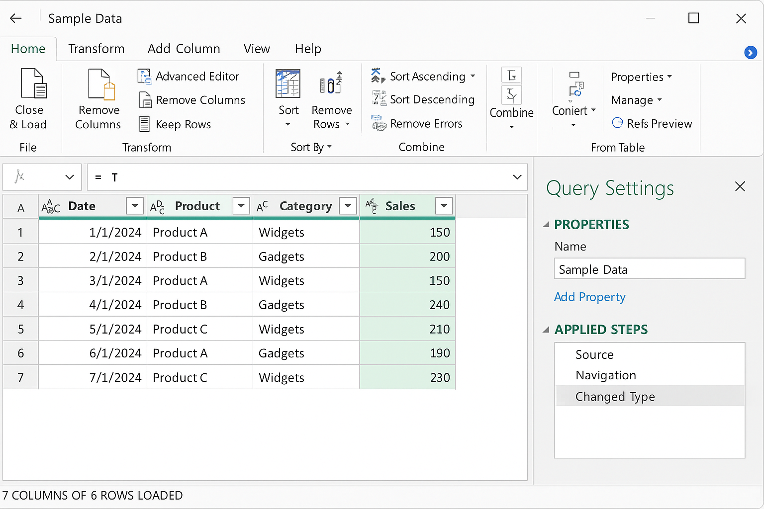 Power Query Editor window open after clicking Transform Data