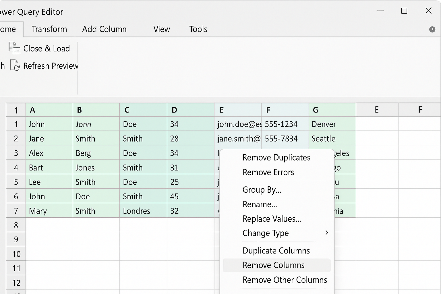 Power Query Editor with columns selected and context menu open showing Remove Columns option