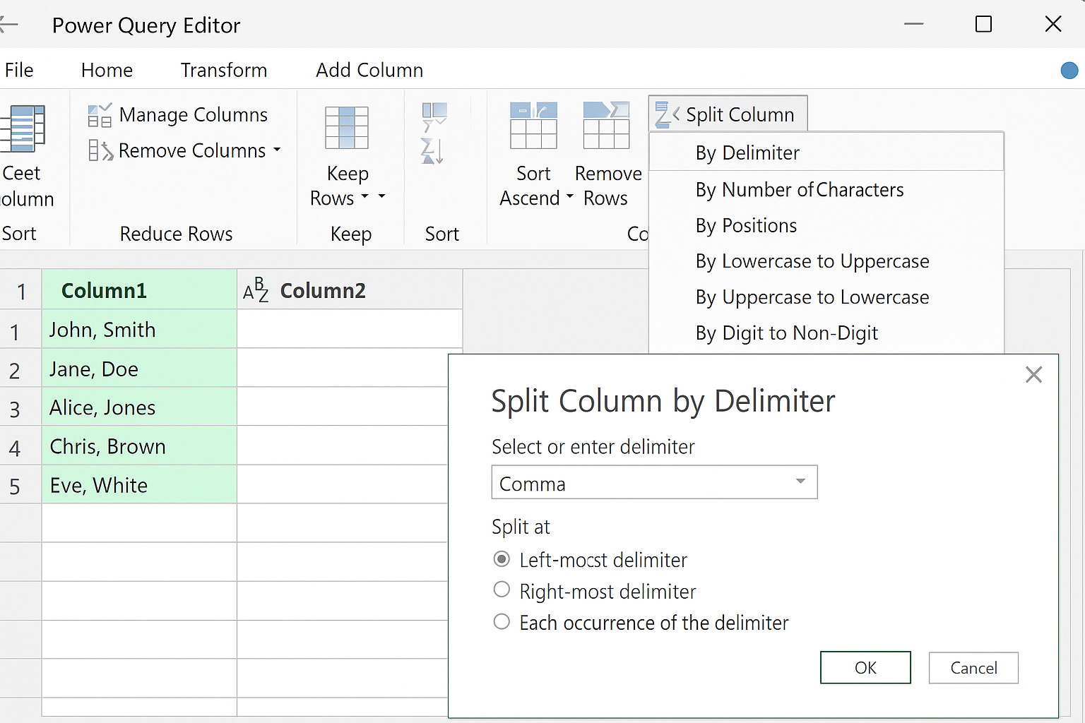 Power Query Editor showing the Split Column by Delimiter option with comma selected