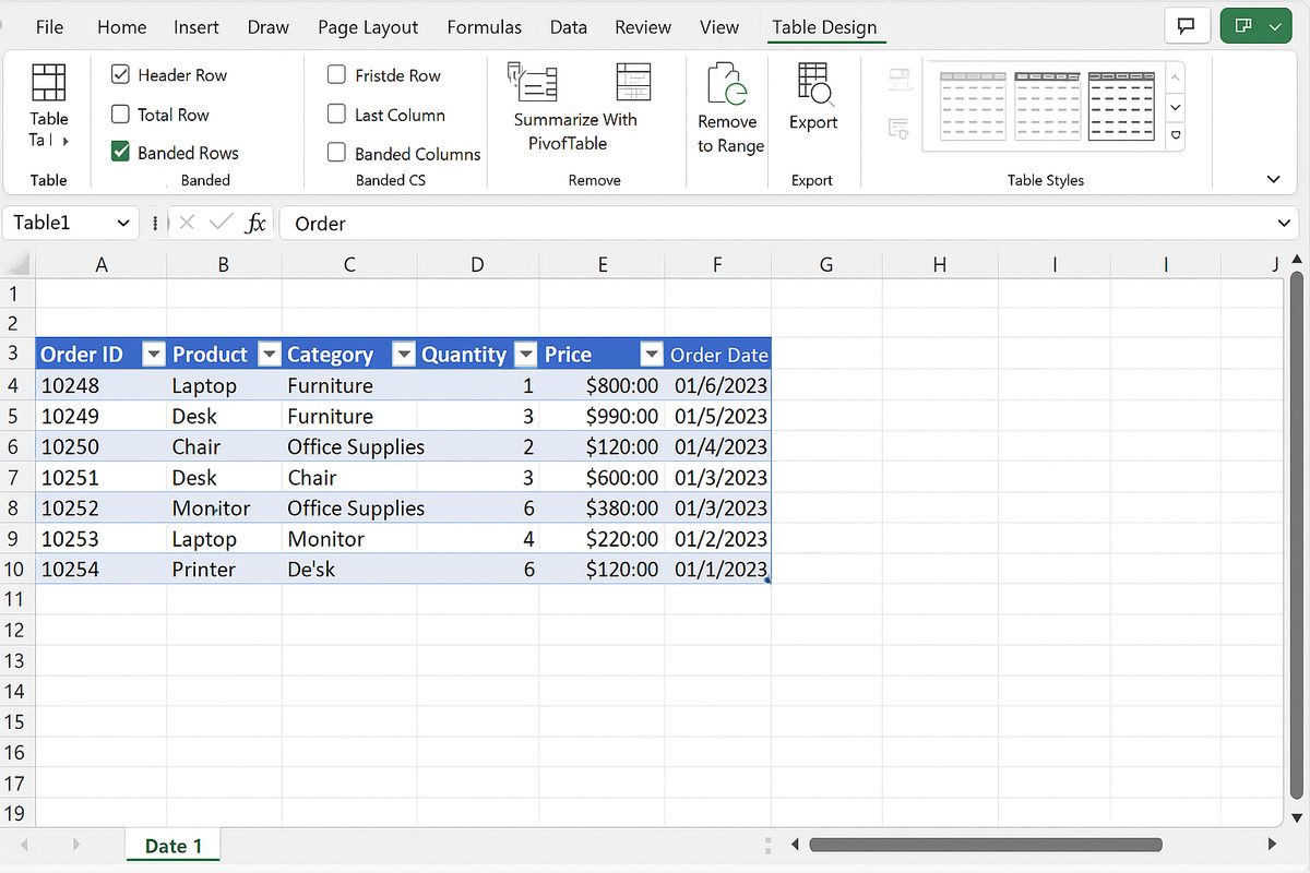 Excel worksheet showing data converted into an Excel Table with filter arrows on headers