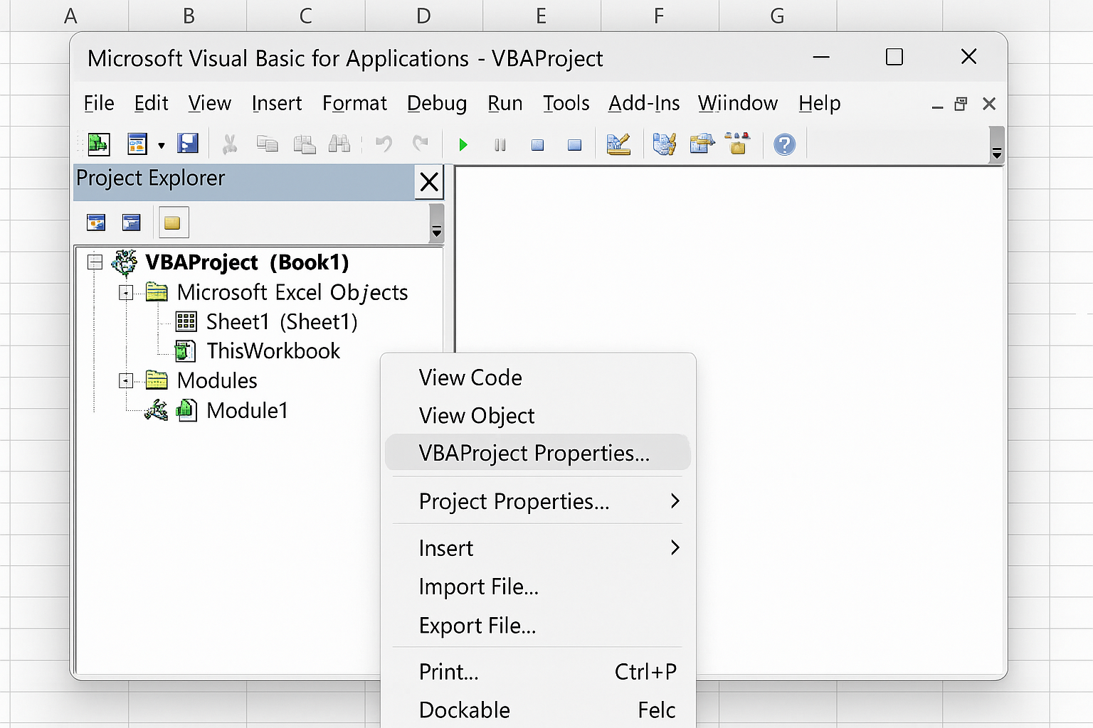 VBAProject context menu open with Properties option highlighted
