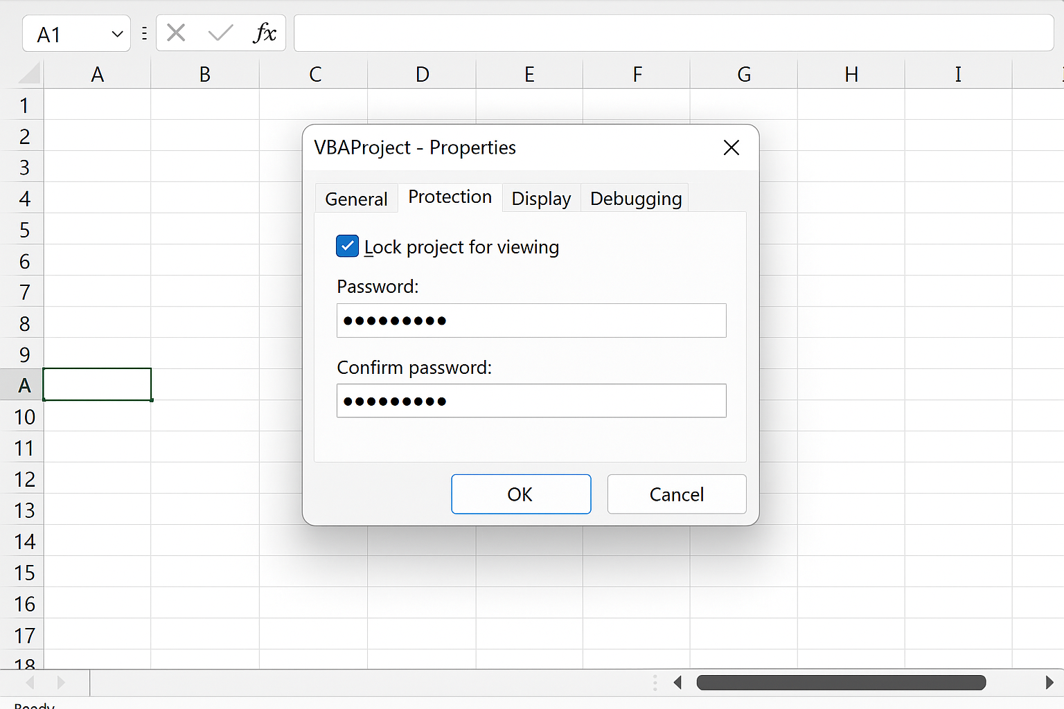 VBAProject Properties dialog open on Protection tab with Lock project for viewing checked and password fields filled