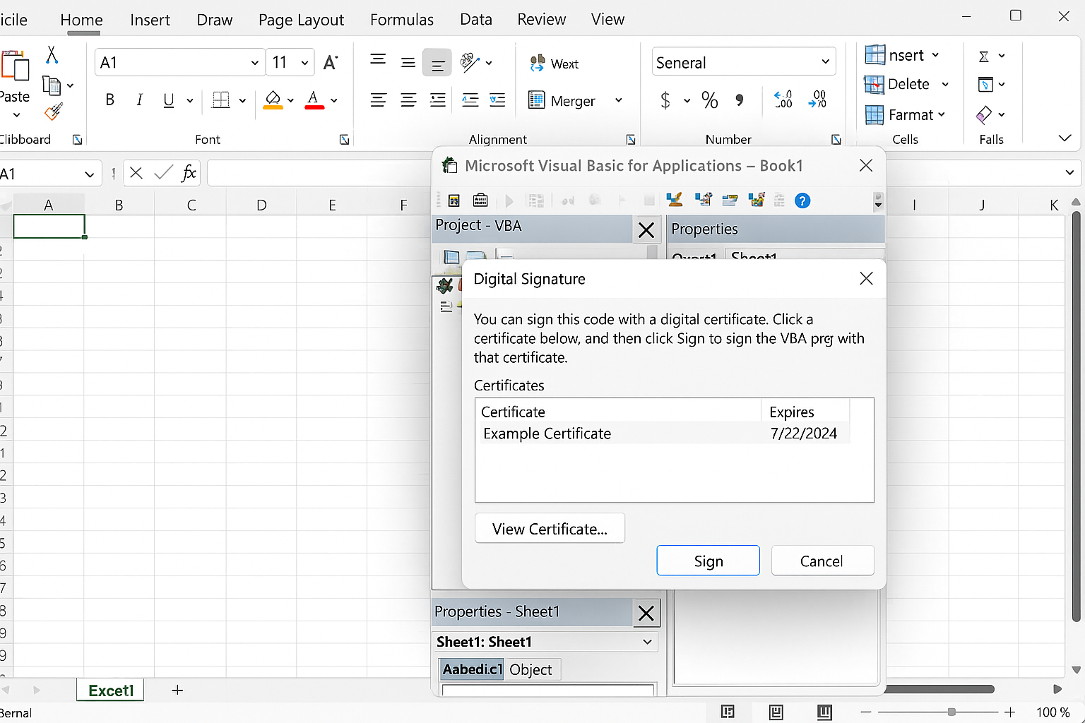 Digital Signature dialog open in Visual Basic Editor with a certificate selected