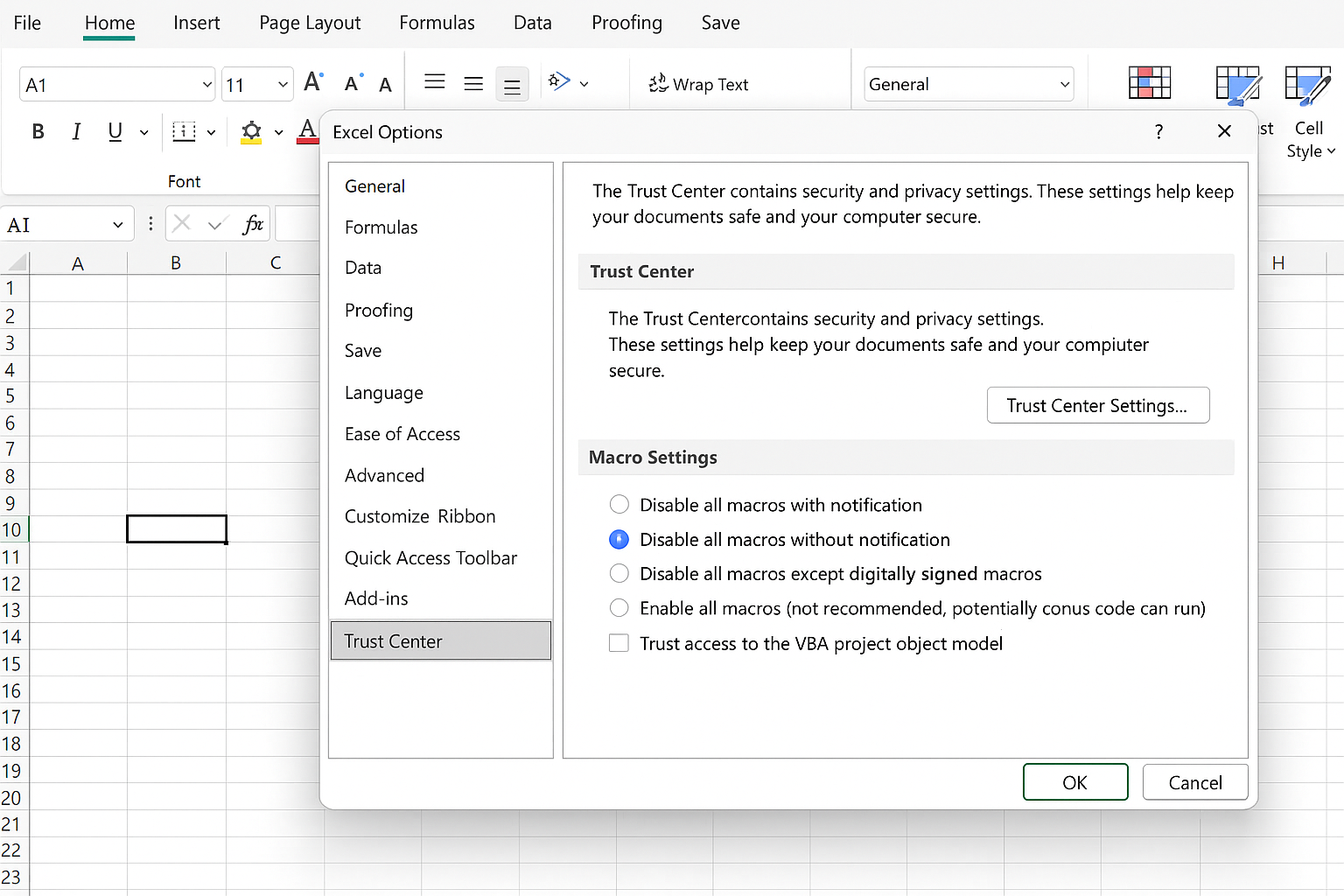 Excel Options window open on Macro Settings page showing macro security options