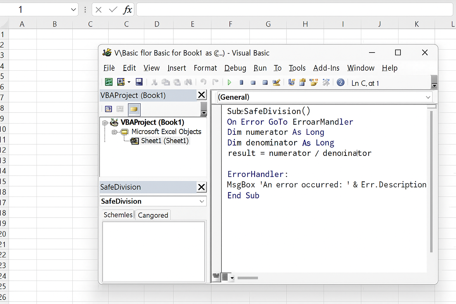 Visual Basic Editor showing VBA code with error handling for SafeDivision subroutine
