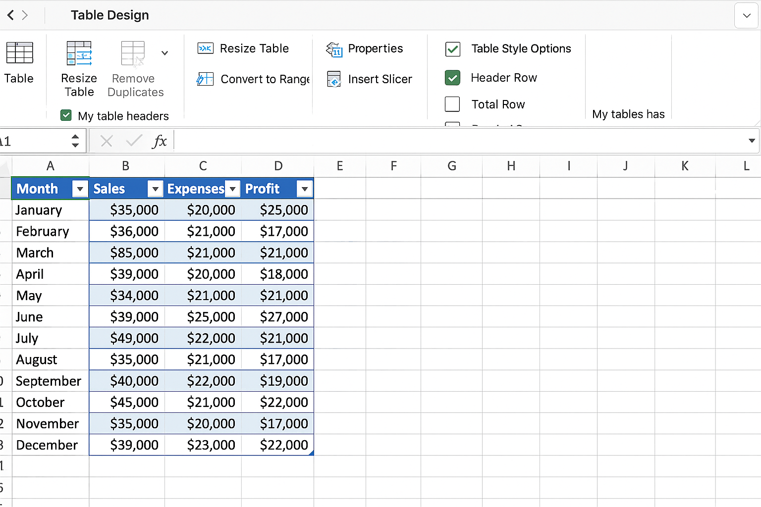 Excel worksheet showing dataset converted into a formatted Table with headers