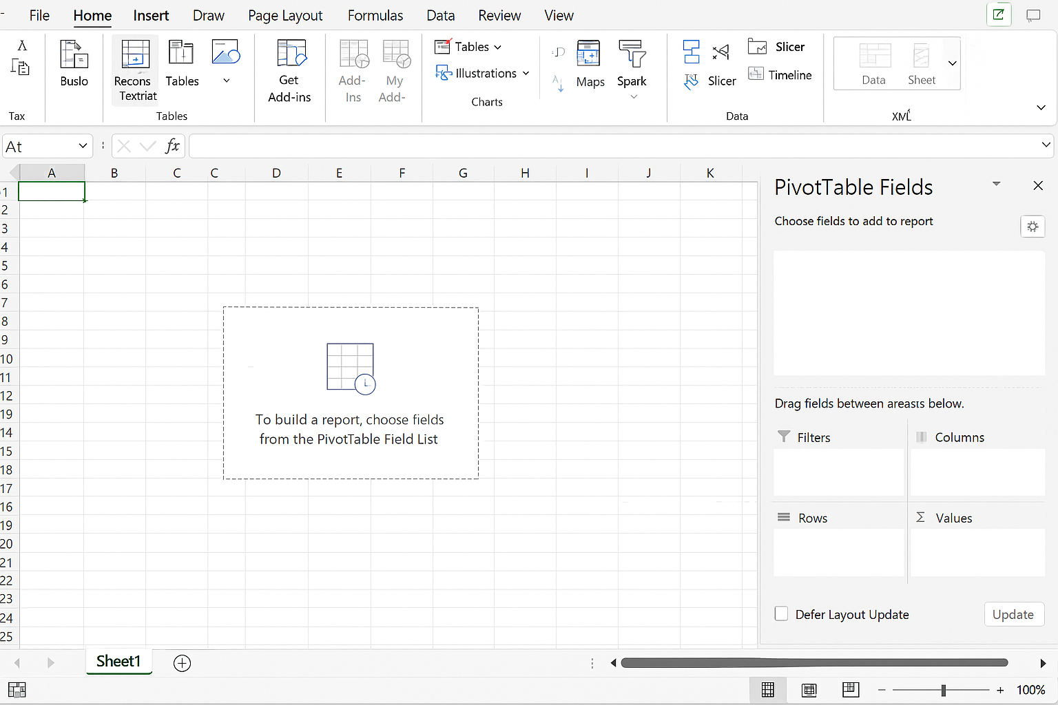 Excel worksheet with a new blank PivotTable created in a new sheet