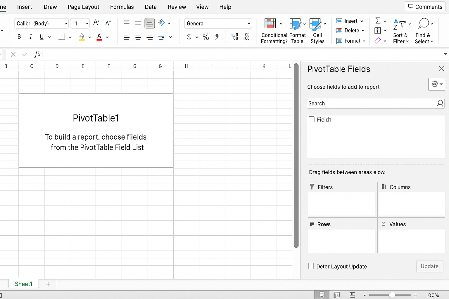 Excel showing a new worksheet with a blank PivotTable ready for field selection