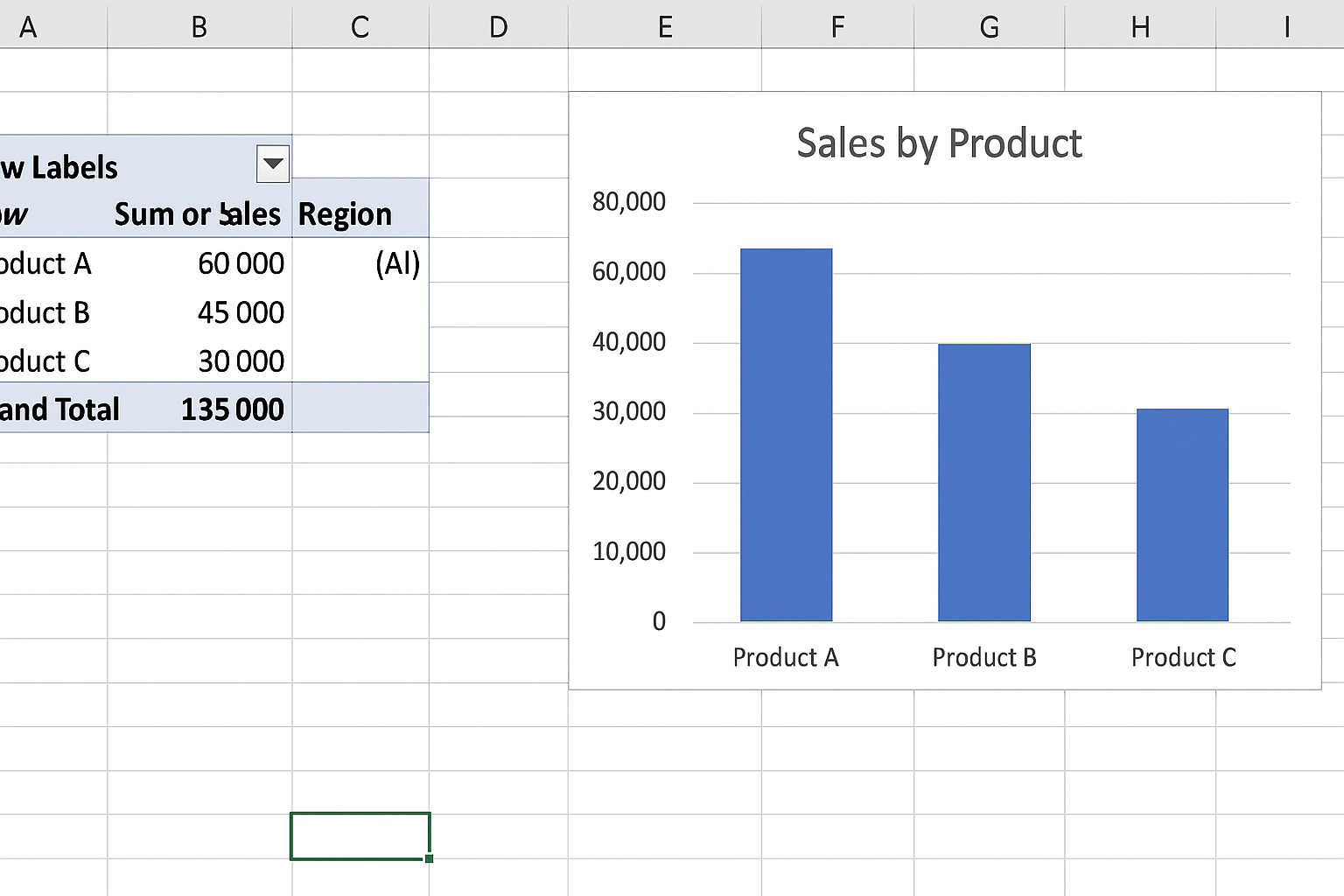 Excel worksheet displaying a column chart created from PivotTable data