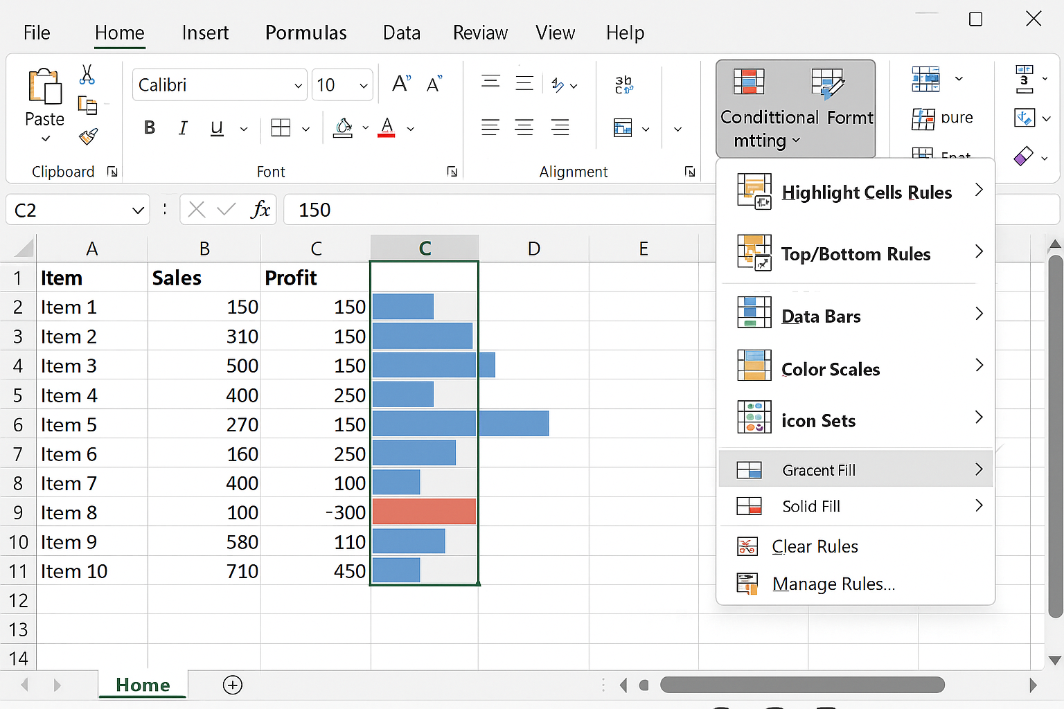 Excel worksheet with Profit column highlighted using conditional formatting with data bars