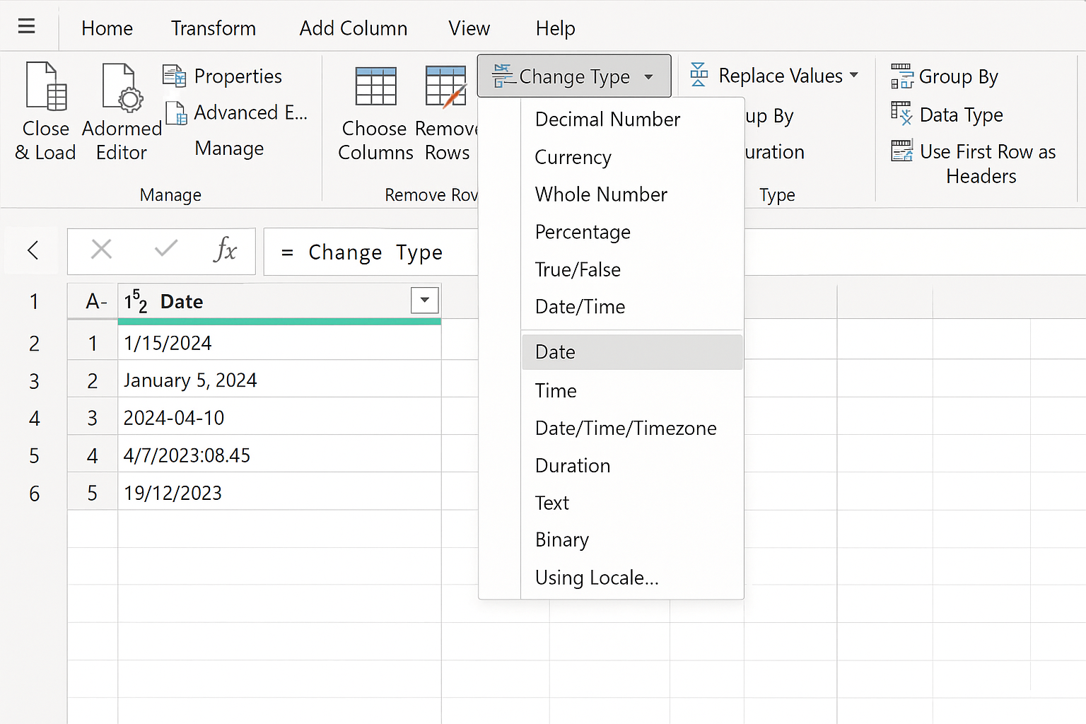 Power Query Editor showing a date column selected and Change Type menu open to standardize date formats