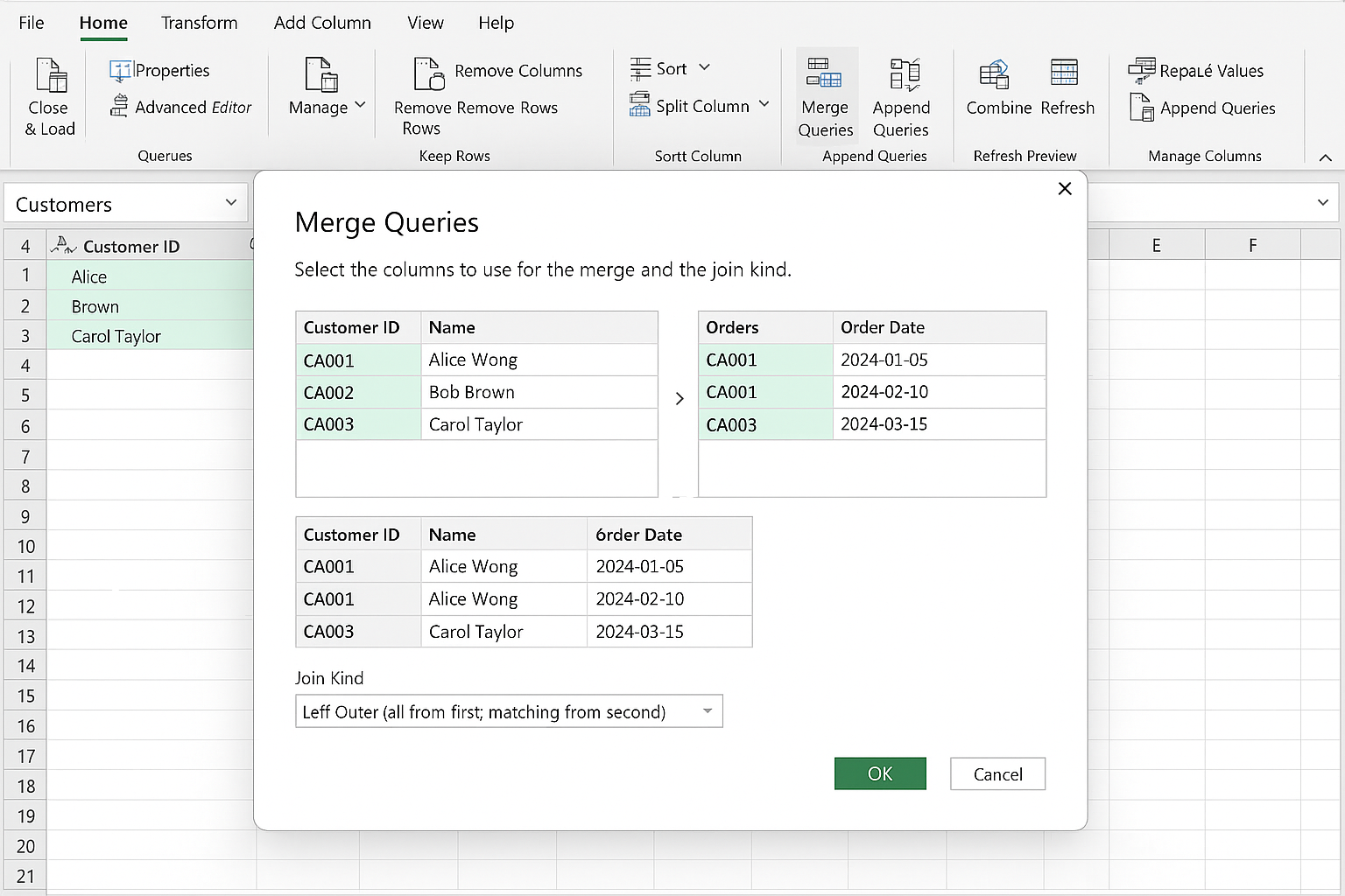 Power Query Editor Merge Queries dialog showing two tables being merged on customer ID column