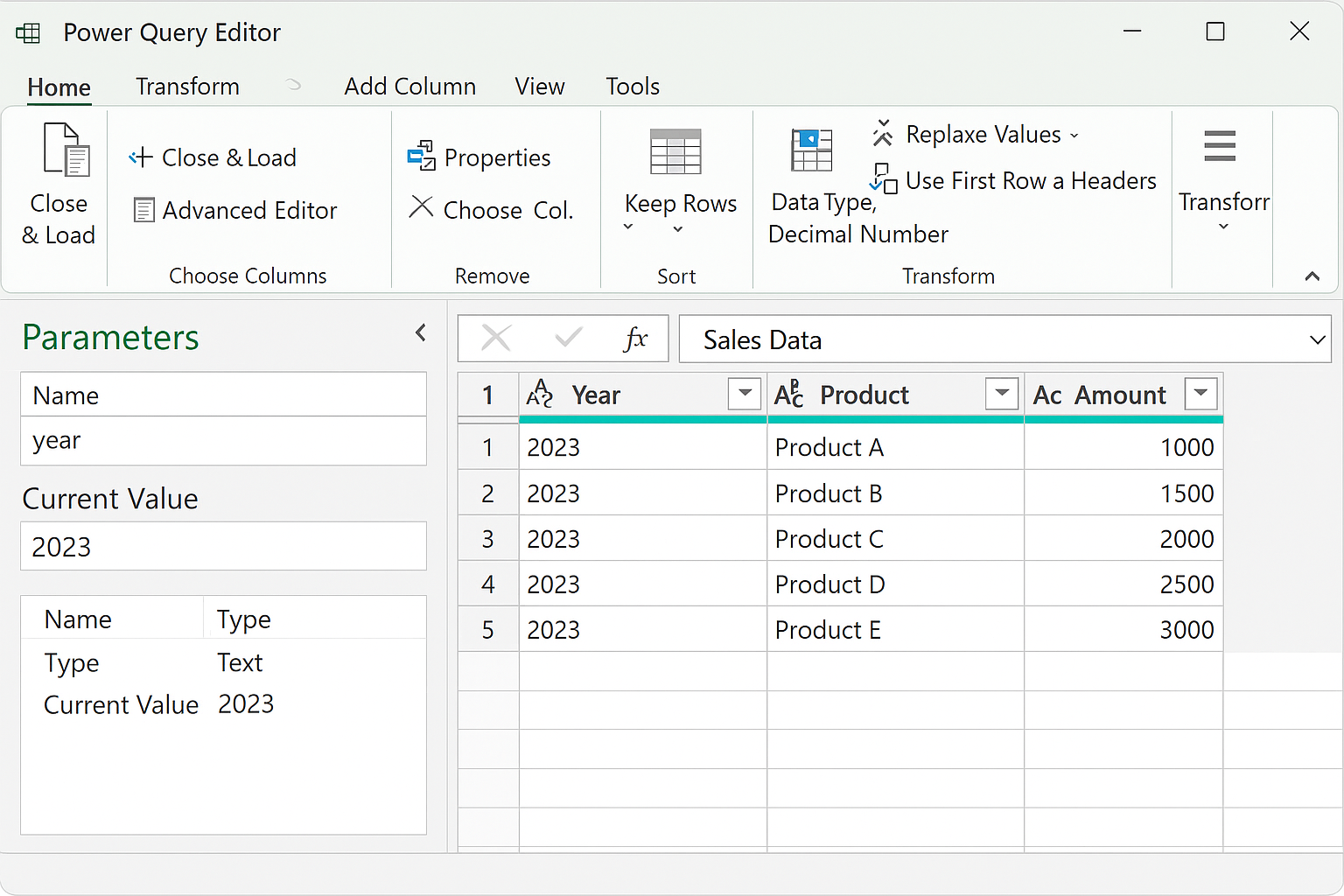 Power Query Editor showing a parameter setup for year and filtered sales data based on that parameter
