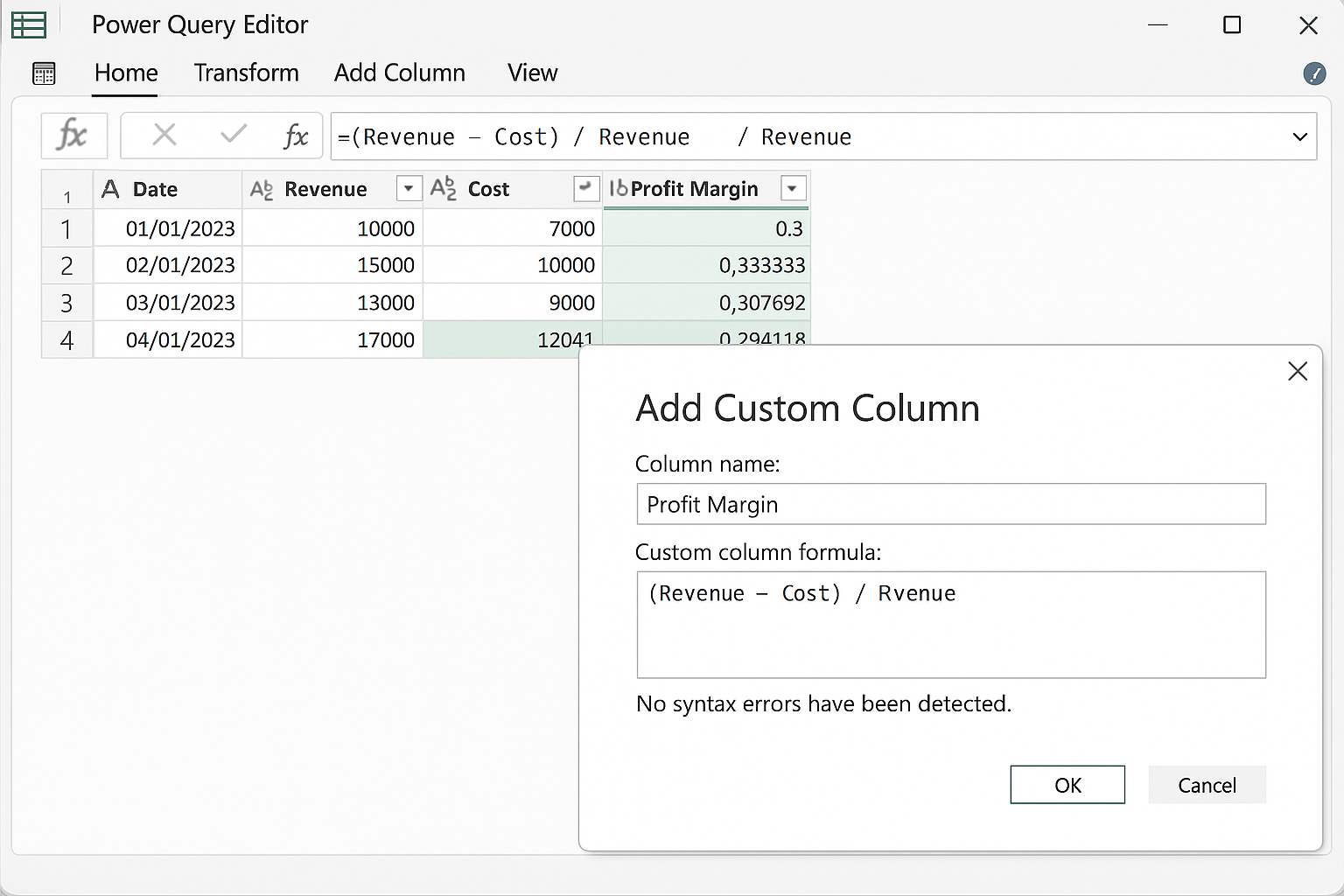 Power Query Editor showing a custom column formula calculating profit margin in a new column