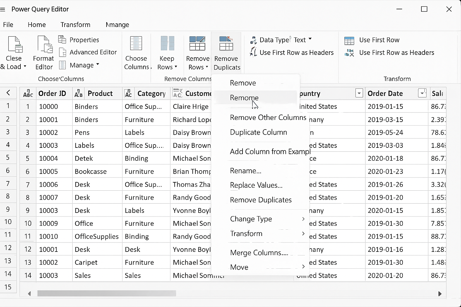 Power Query Editor showing columns selected and right-click menu open with Remove option highlighted