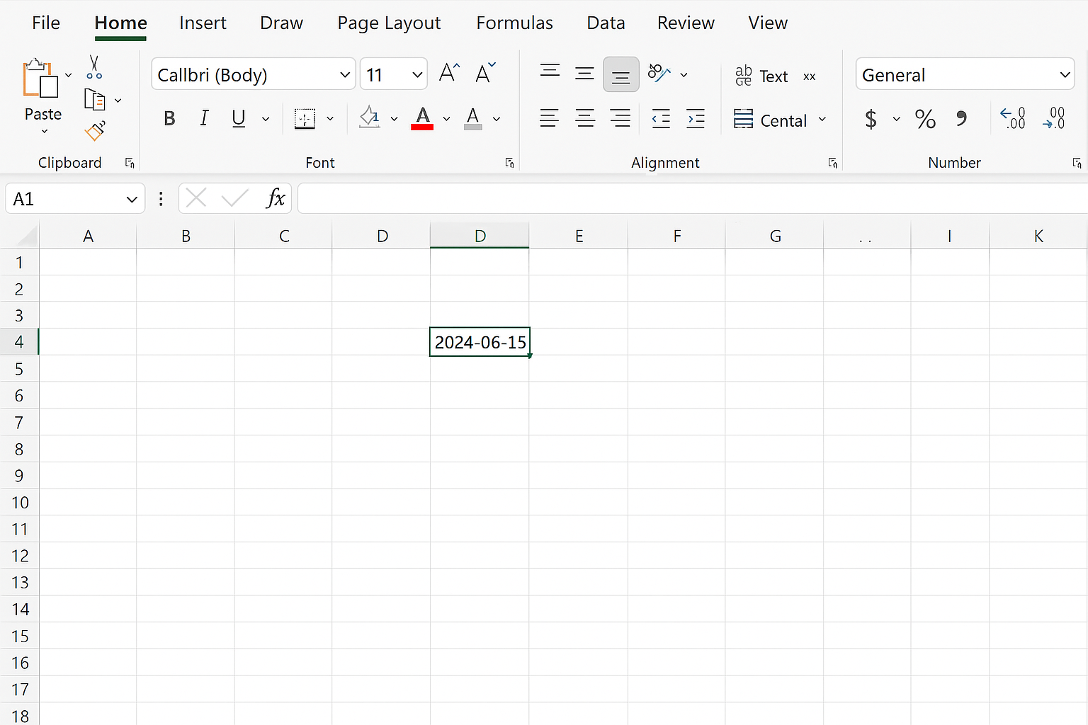 Excel worksheet with a single cell selected showing the current date inserted