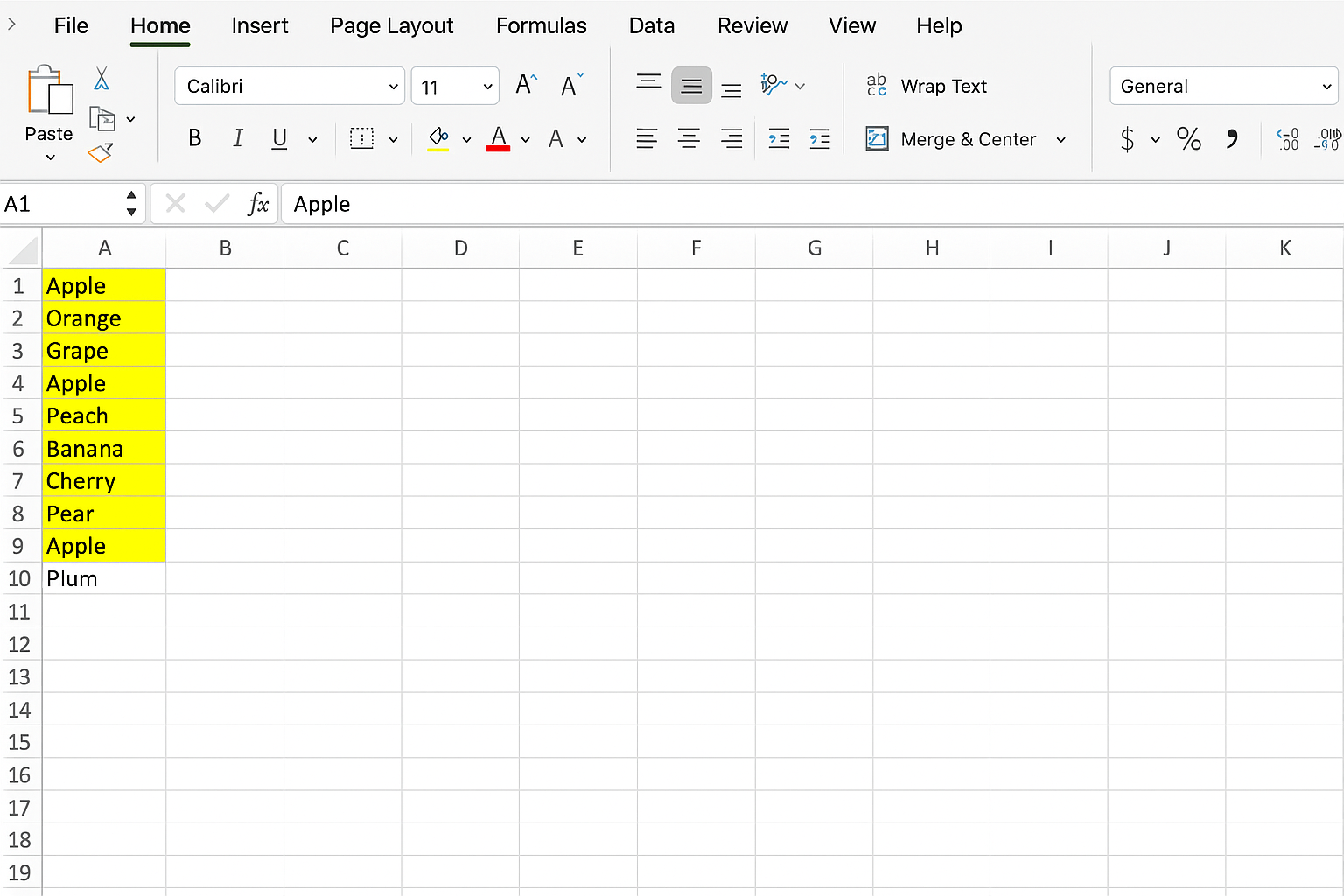Excel worksheet showing column A with duplicate values highlighted in yellow background