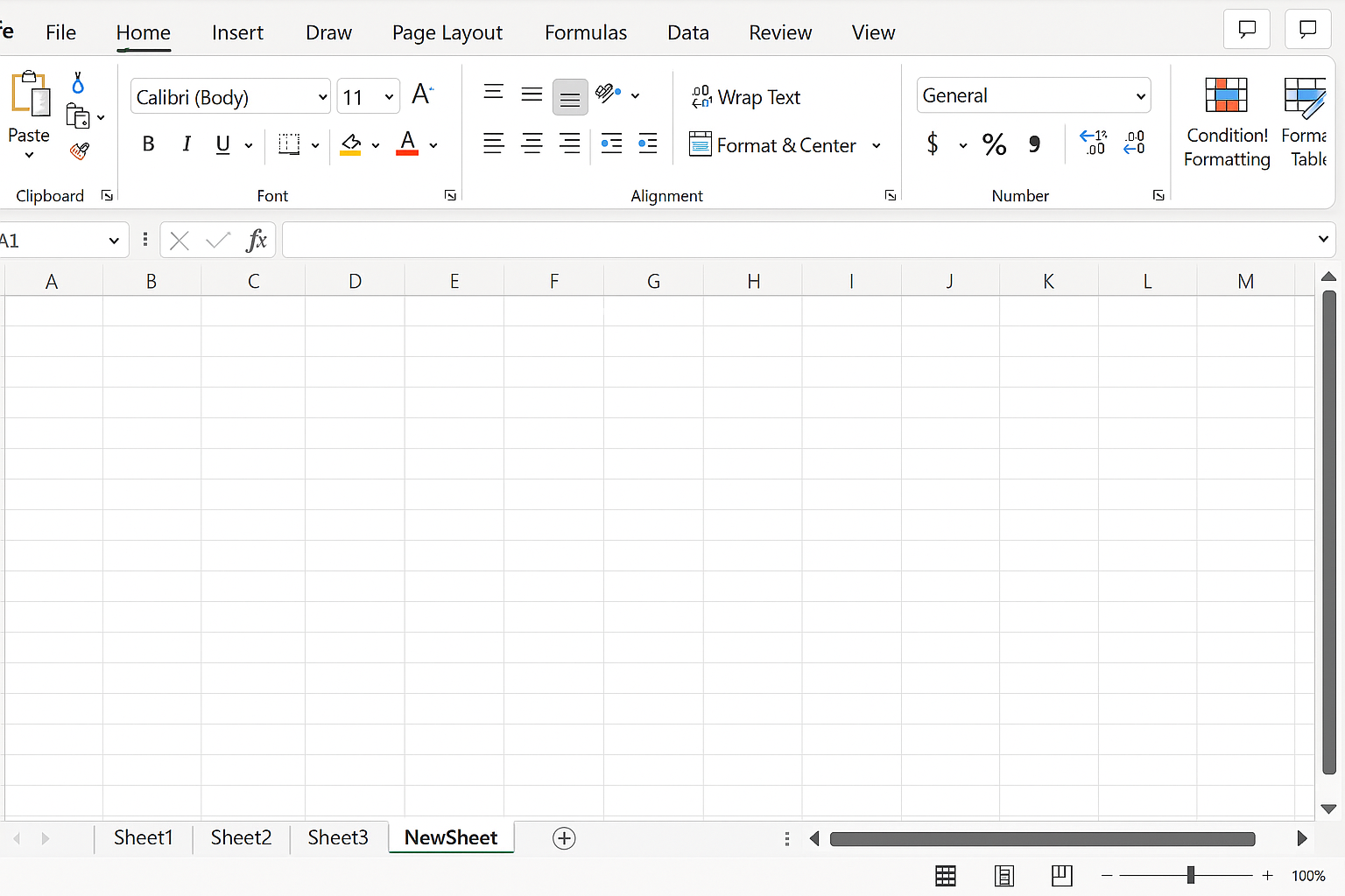 Excel workbook showing a newly added worksheet tab named NewSheet at the end