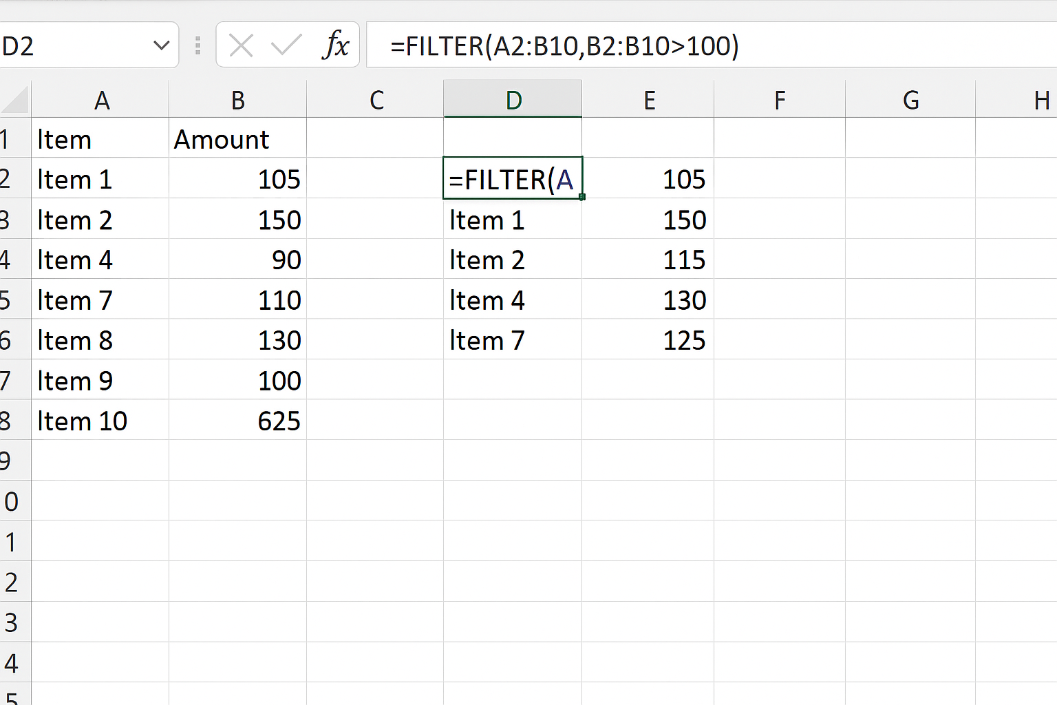 Excel worksheet displaying FILTER formula extracting rows where column B values exceed 100