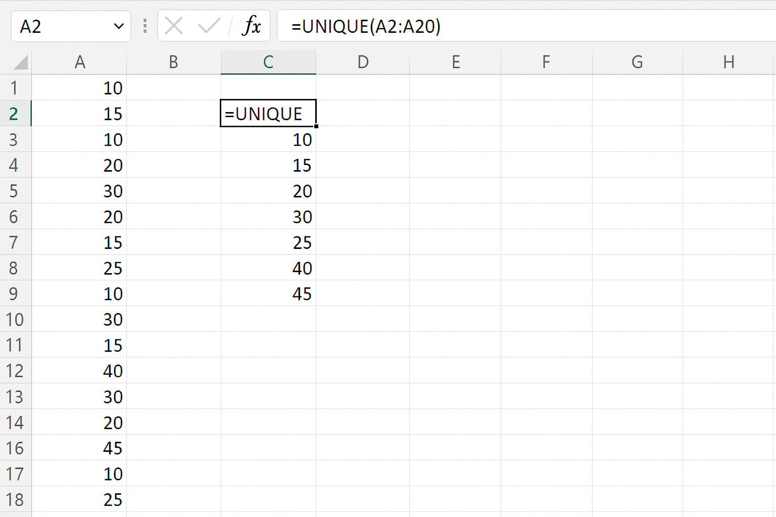 Excel worksheet showing UNIQUE formula extracting distinct values from A2 to A20