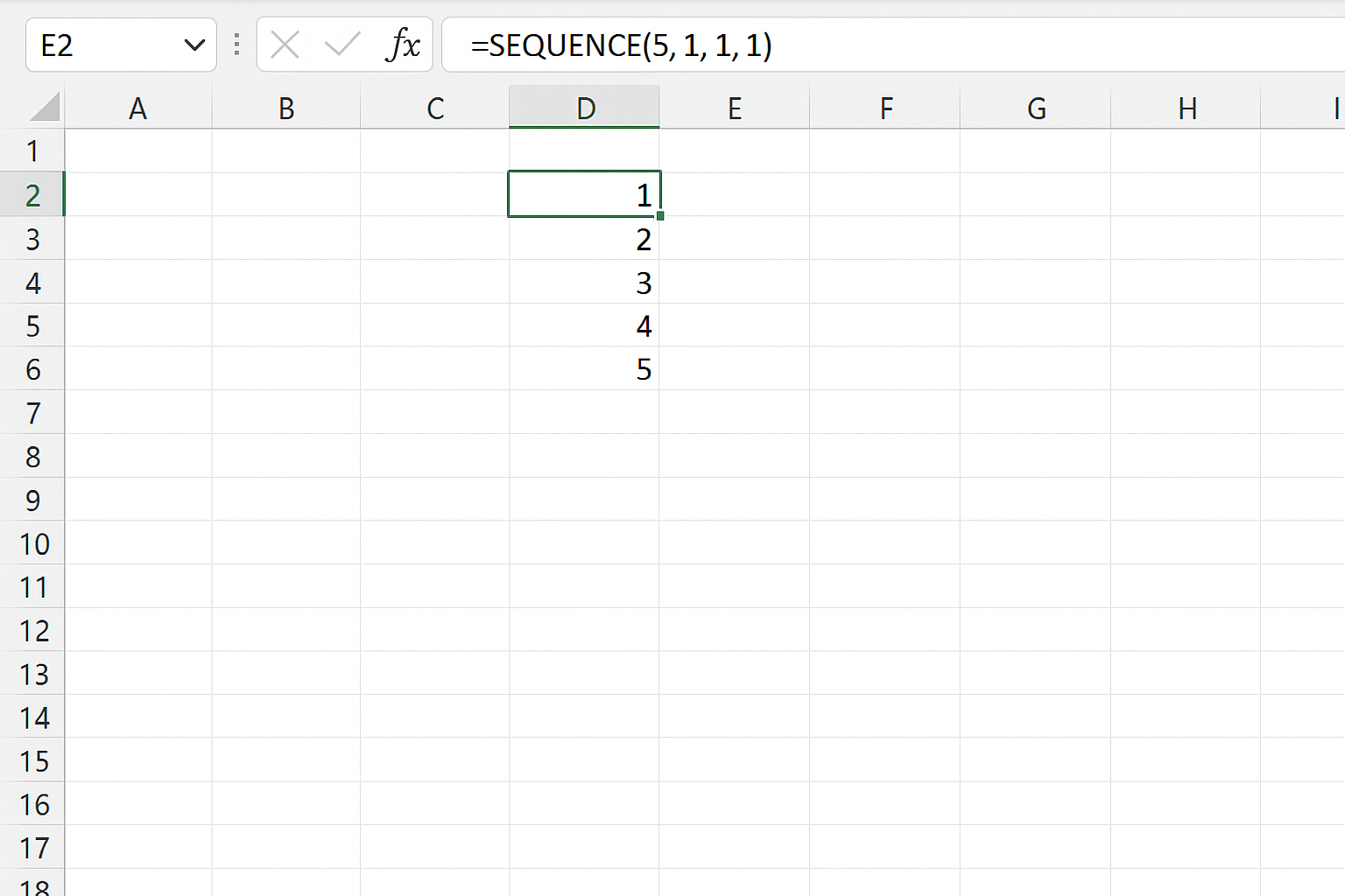 Excel worksheet with SEQUENCE formula generating numbers 1 through 5 vertically