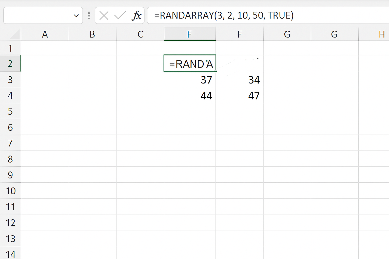 Excel worksheet displaying RANDARRAY formula generating a 3x2 array of random integers between 10 and 50