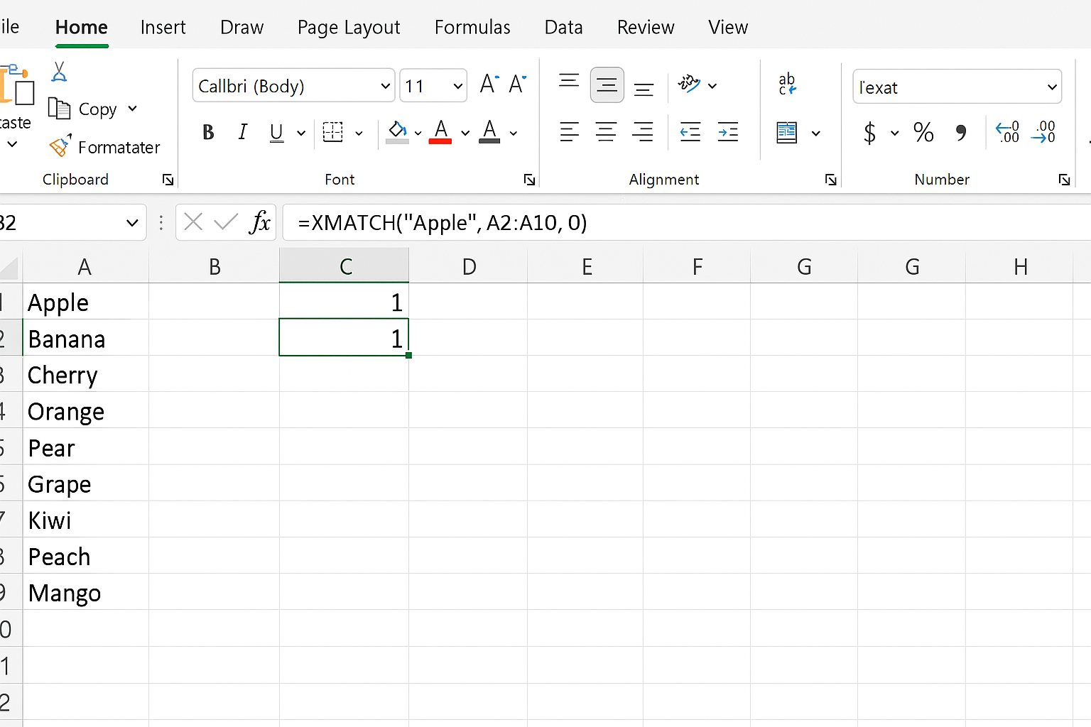 Excel worksheet showing XMATCH formula finding the position of 'Apple' in range A2 to A10