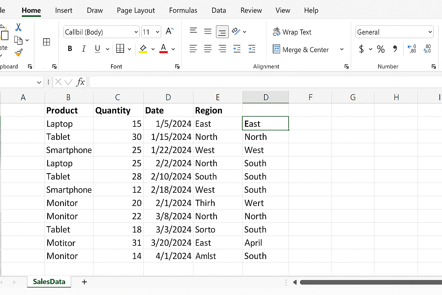 Excel SalesData worksheet with sales transactions entered