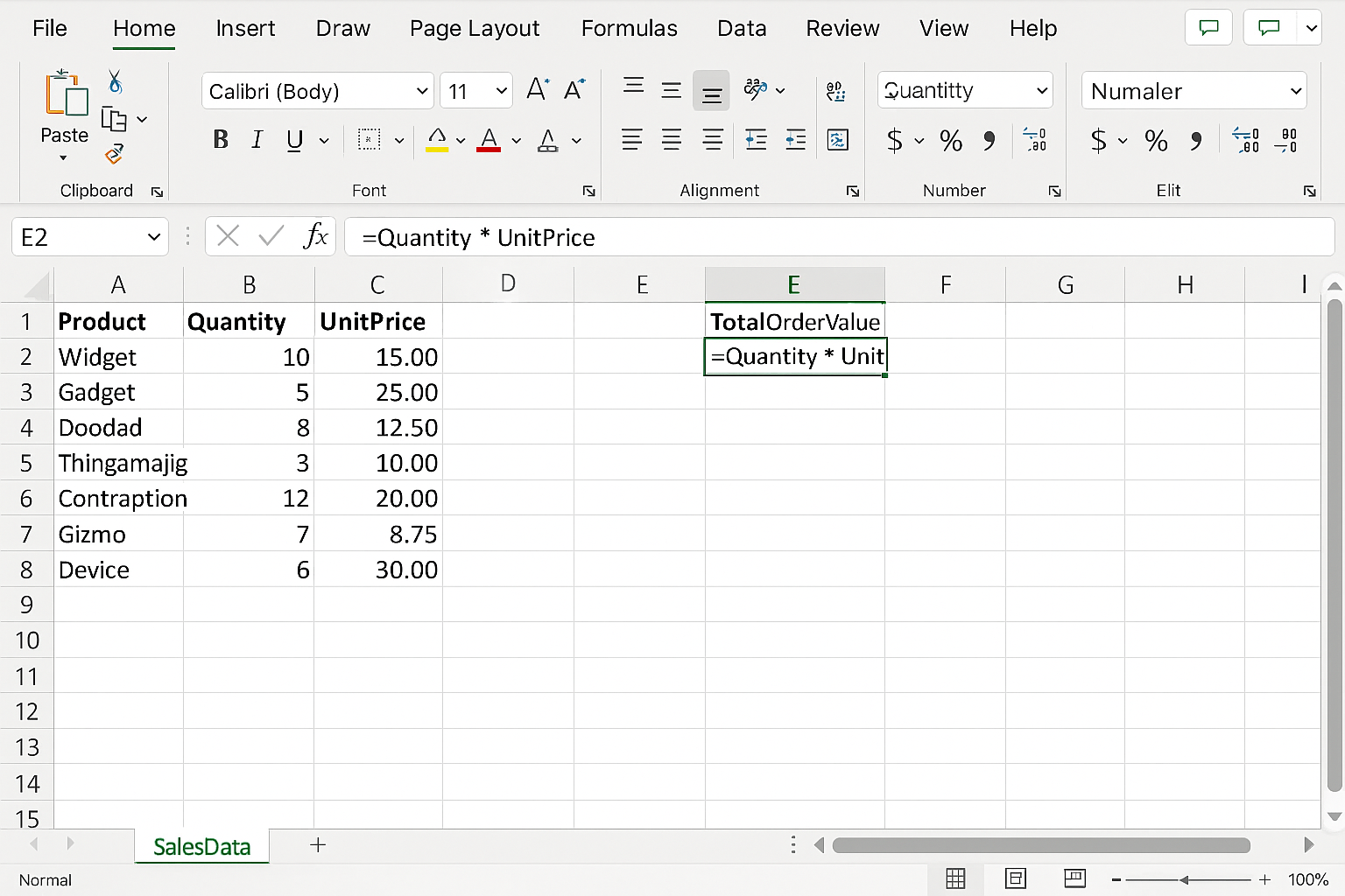 Excel worksheet with formula entered to calculate TotalOrderValue