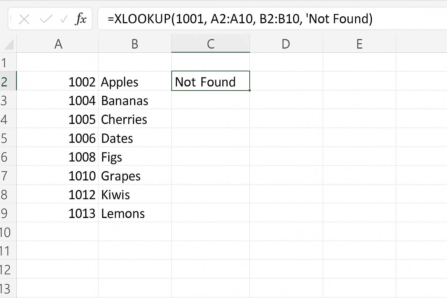 Excel worksheet showing XLOOKUP formula with if_not_found argument displaying 'Not Found' for missing lookup value