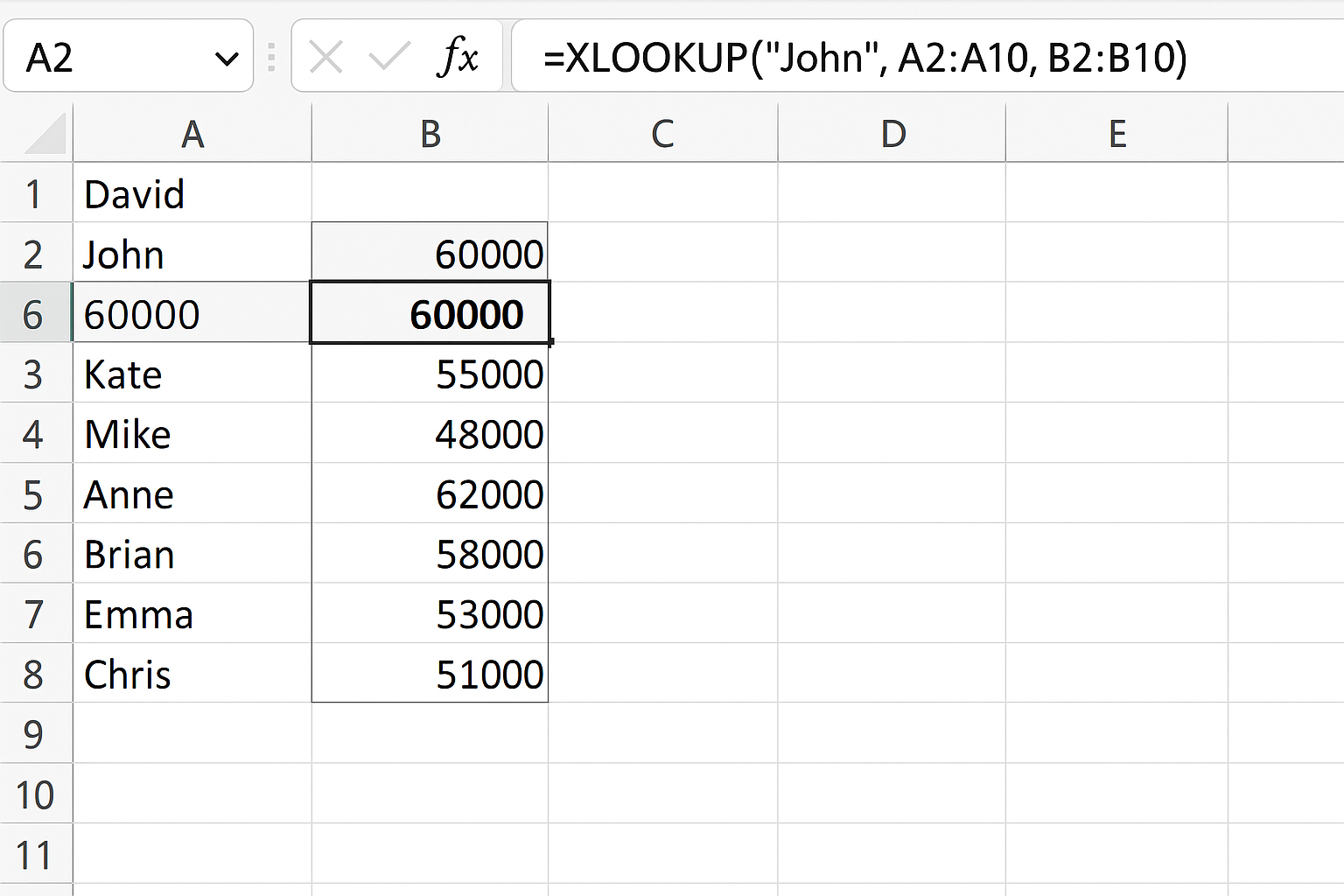 Excel worksheet showing corrected XLOOKUP formula with matching array sizes