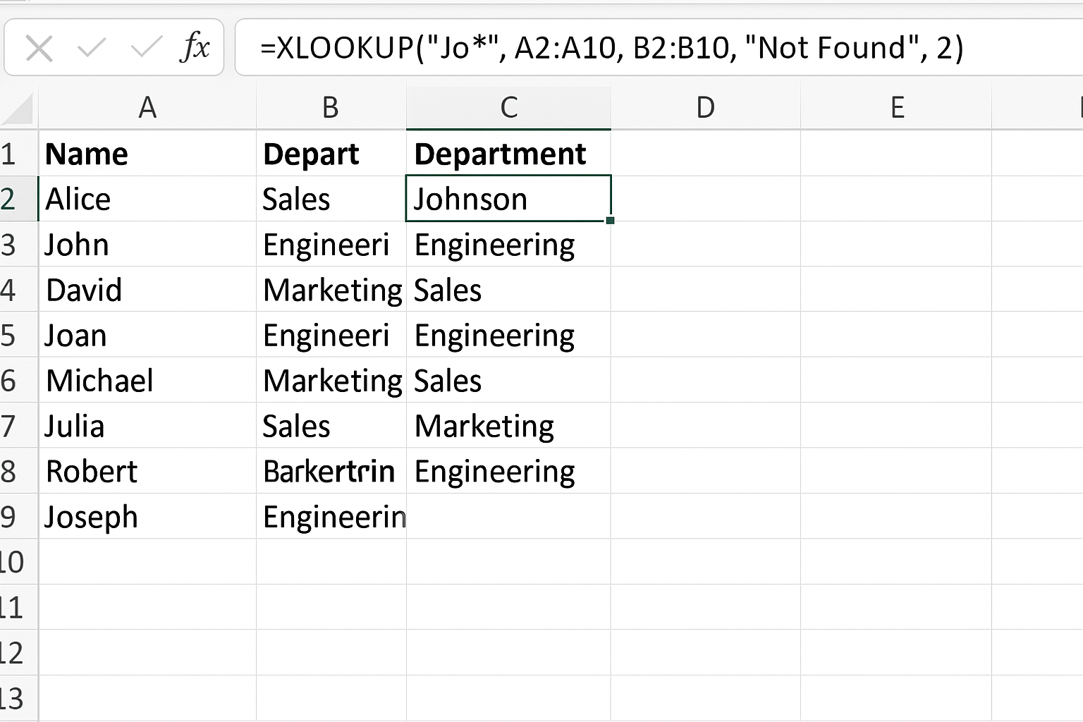 Excel worksheet showing XLOOKUP formula using wildcard match_mode to find partial matches