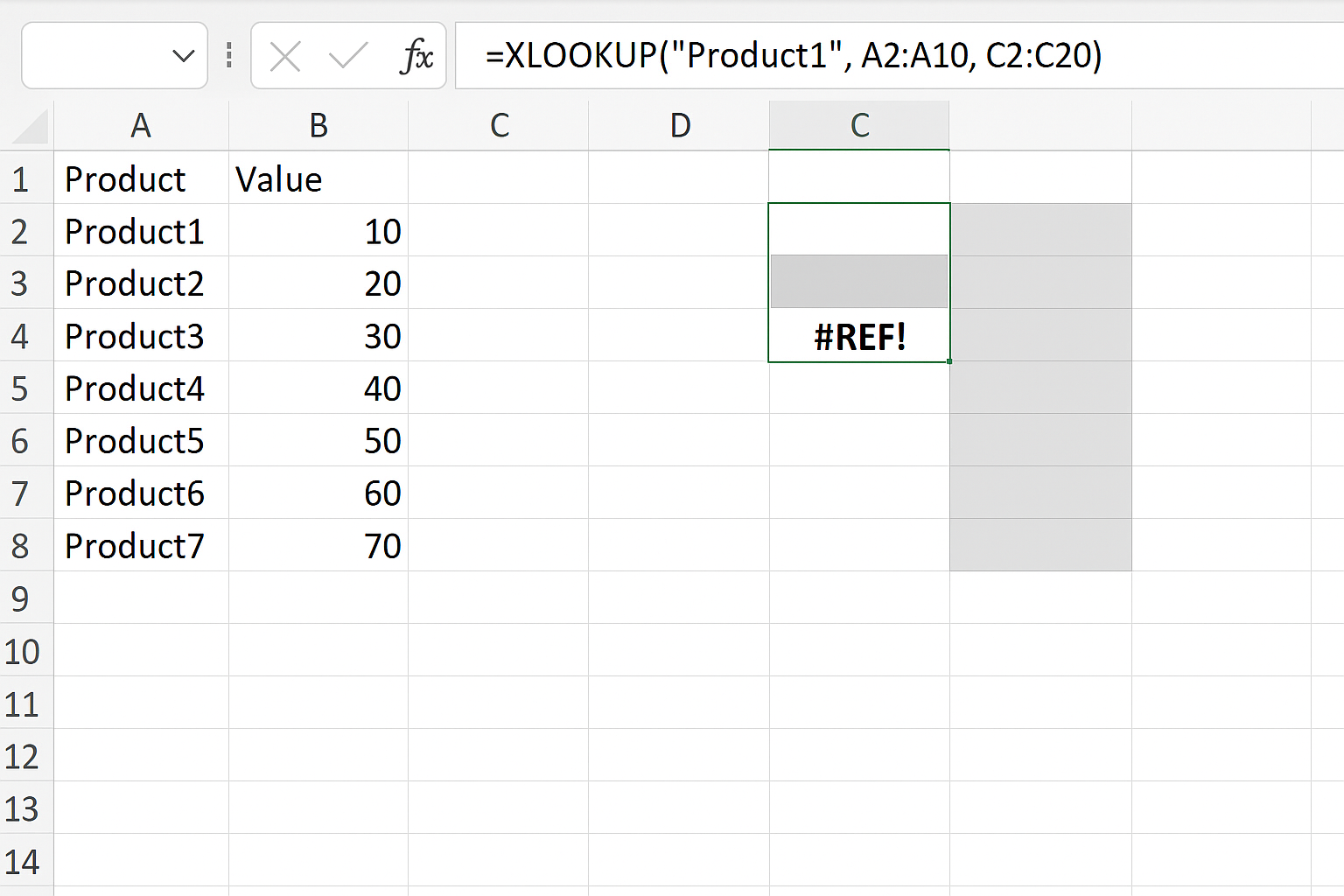 Excel worksheet showing XLOOKUP formula with invalid return range causing #REF! error