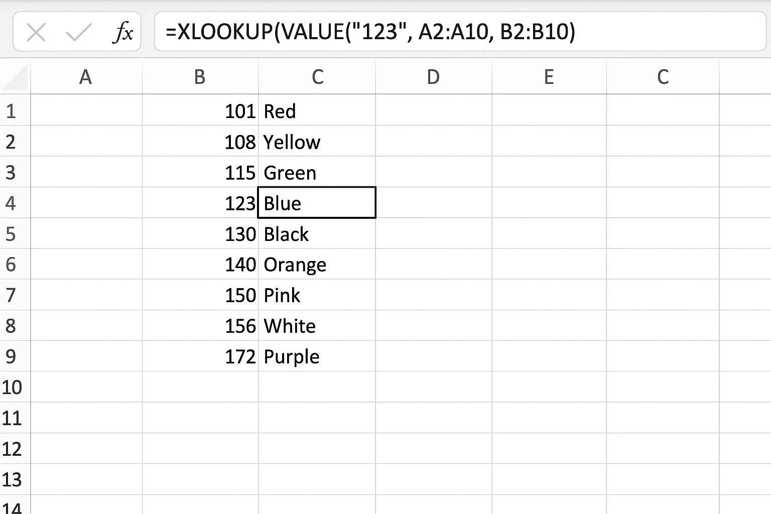 Excel worksheet showing XLOOKUP formula converting text to number for matching data types