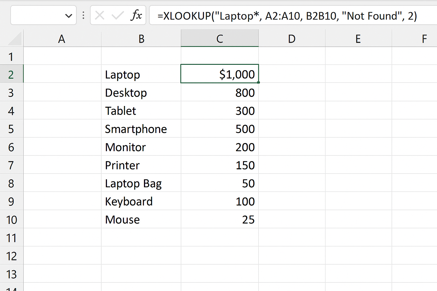 Excel worksheet showing XLOOKUP formula using TRIM and wildcard to find product prices ignoring extra spaces
