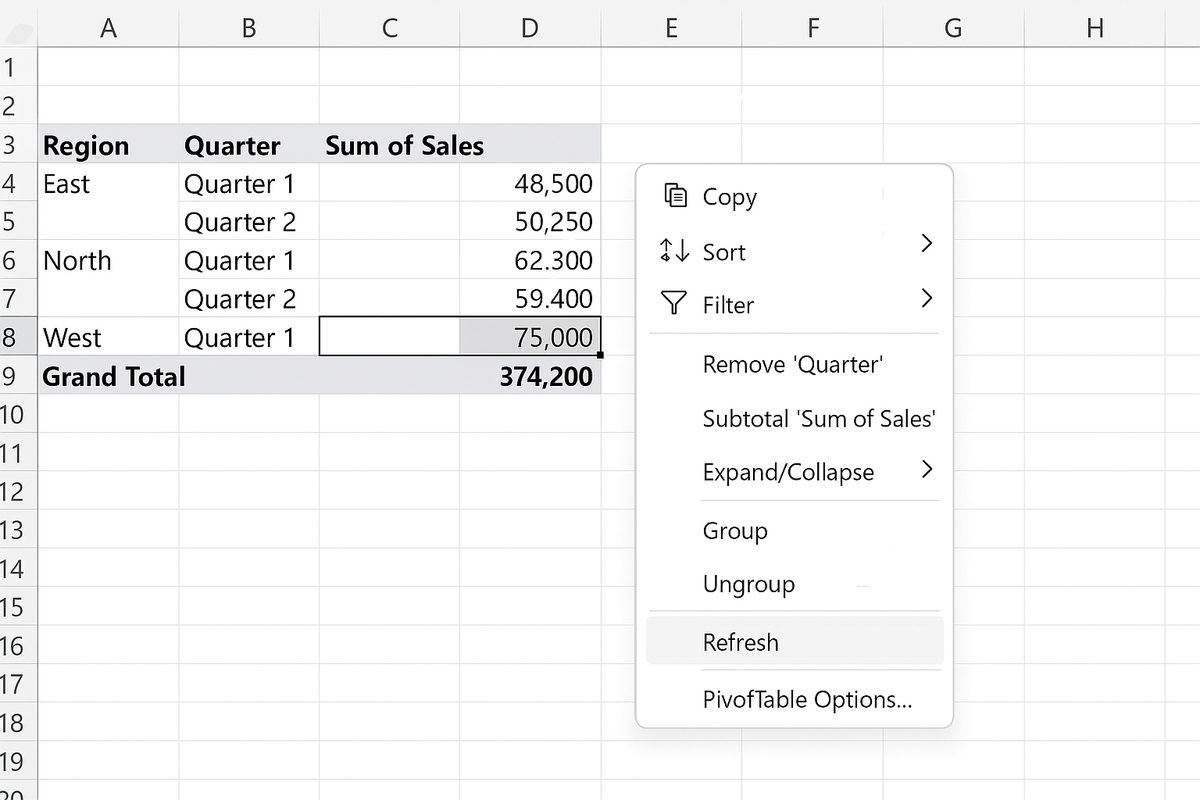 Pivot table context menu with Refresh option highlighted