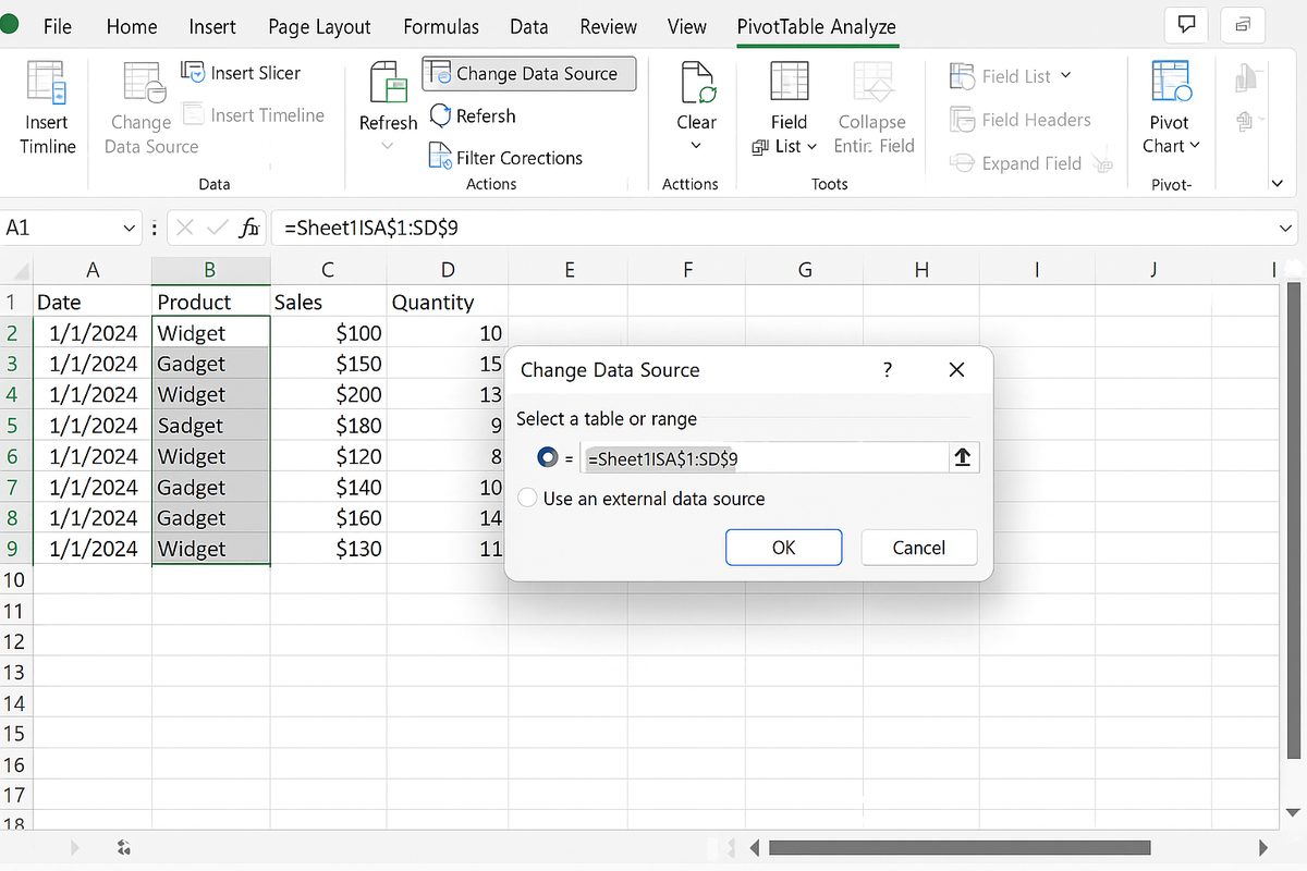 Change Data Source dialog open with expanded data range selected