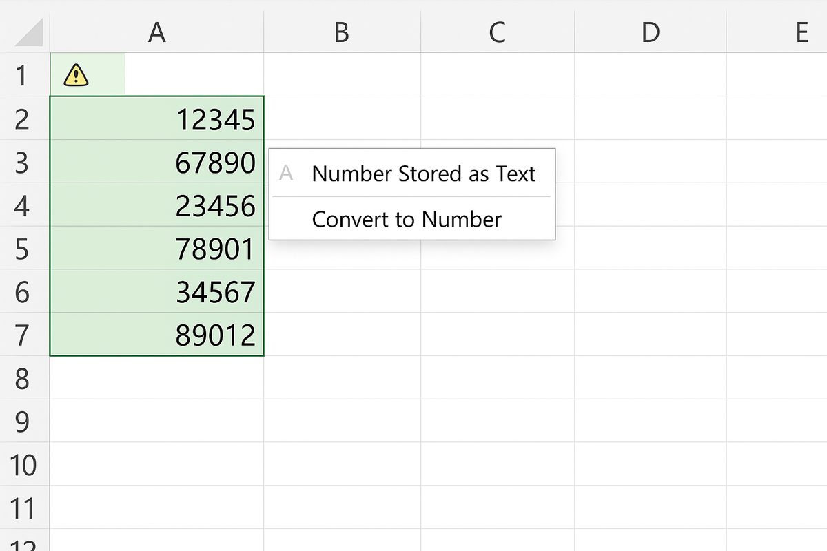 Selected cells with numbers stored as text and the error warning icon showing conversion option