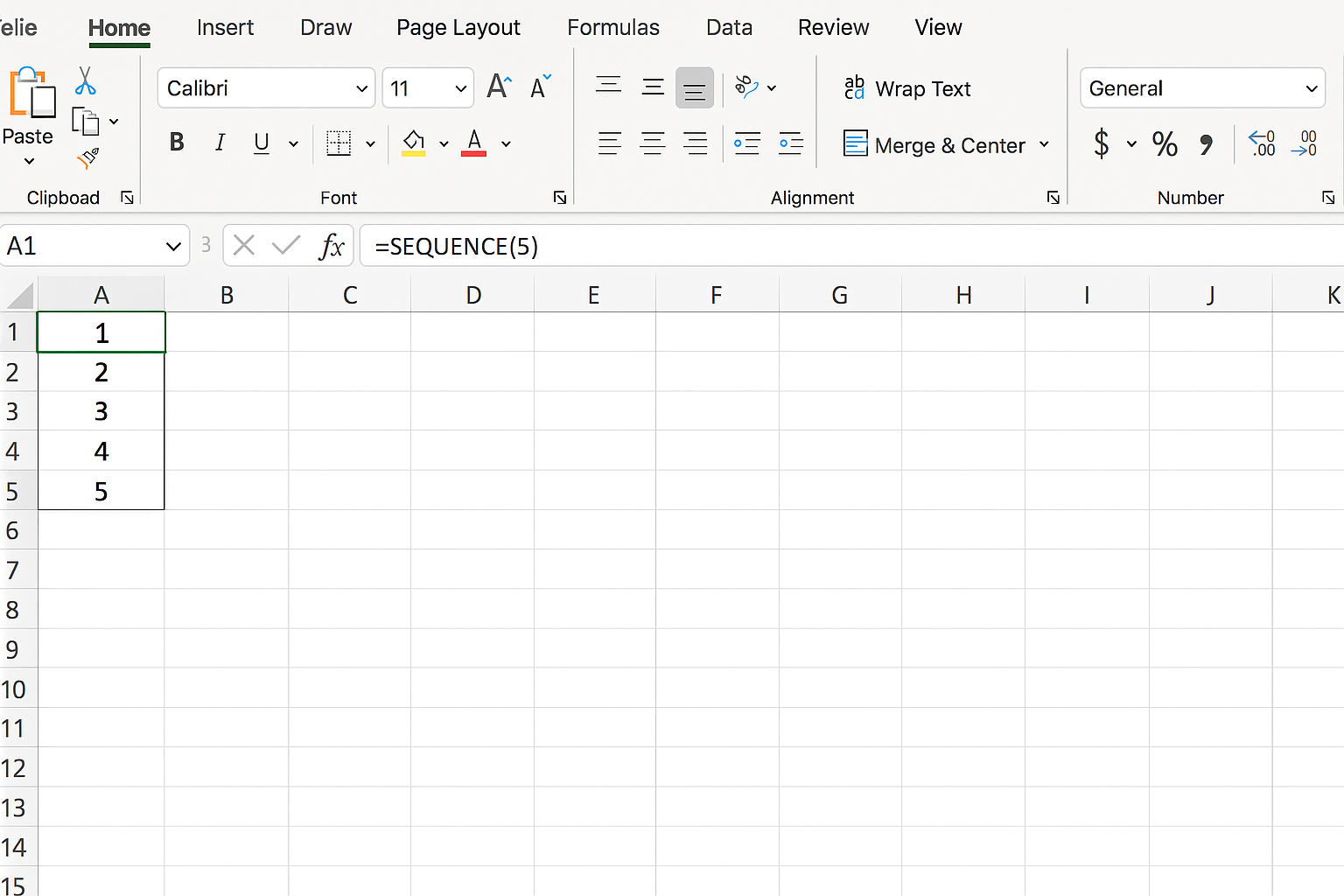 Excel worksheet showing the SEQUENCE function entered in a cell with numbers 1 to 5 spilling down