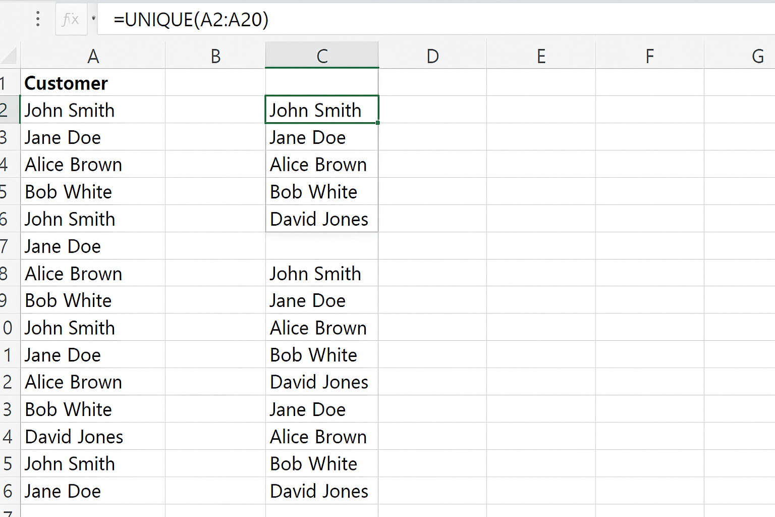 Excel worksheet displaying unique customer names spilled from the UNIQUE function