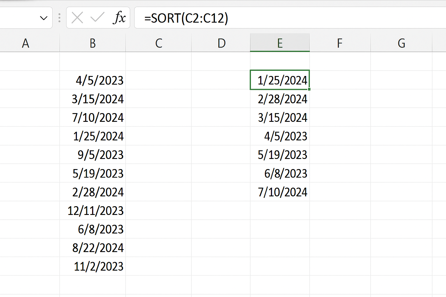 Excel worksheet showing sorted dates spilled from the SORT function